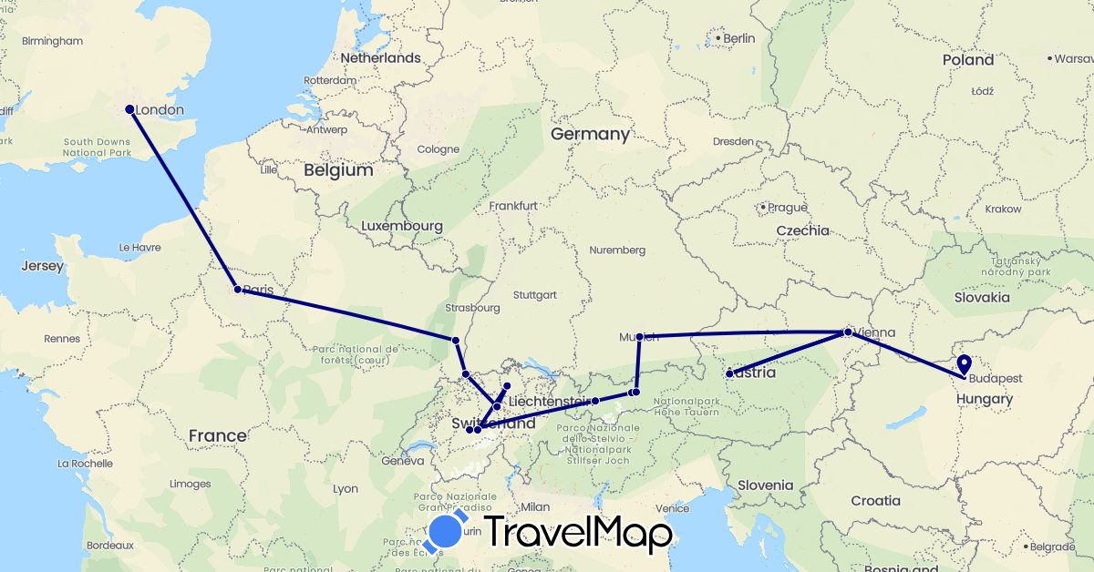 TravelMap itinerary: driving in Austria, Switzerland, Germany, France, United Kingdom, Hungary (Europe)